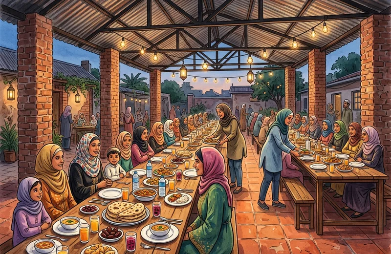 Communal iftar tables at dusk