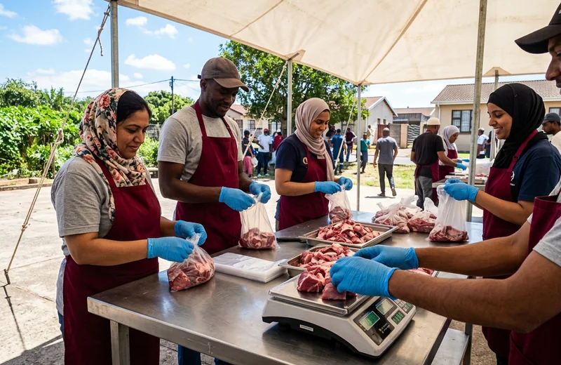 Volunteers weighing and packing Qurbani meat
