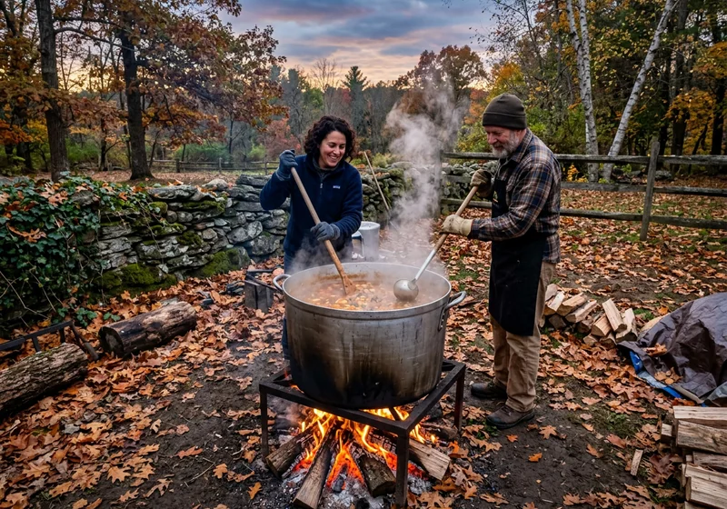 Volunteers cooking over an open fire